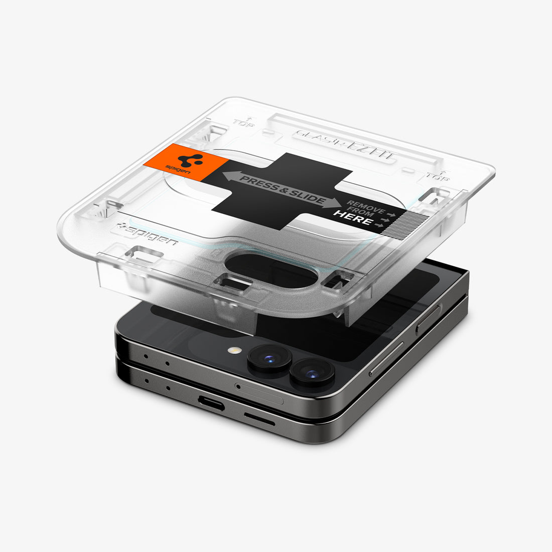 AGL07972 - Galaxy Z Flip 7 FE GLAS.tR EZ Fit showing the front of an alignment tray hovering above the device with the packaging