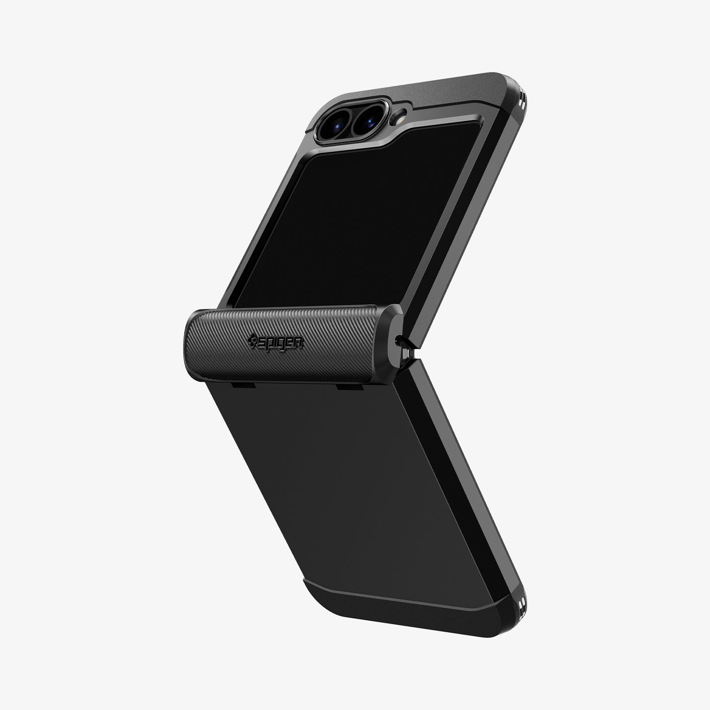 ACS08354 - Galaxy Z Flip 7 FE Case Slim Armor Pro in Black showing the back and partial side, half folded
