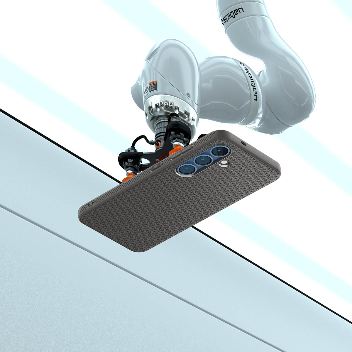 ACS08980 - Galaxy S25 Plus Case Liquid Air in Marble Gray showing the robotic arm holding the device in an elevated horizontal position, angled slightly upward. Showing the device back facing outward, revealing its camera module. The robotic arm is positioned above a clean, structured background with defined panels