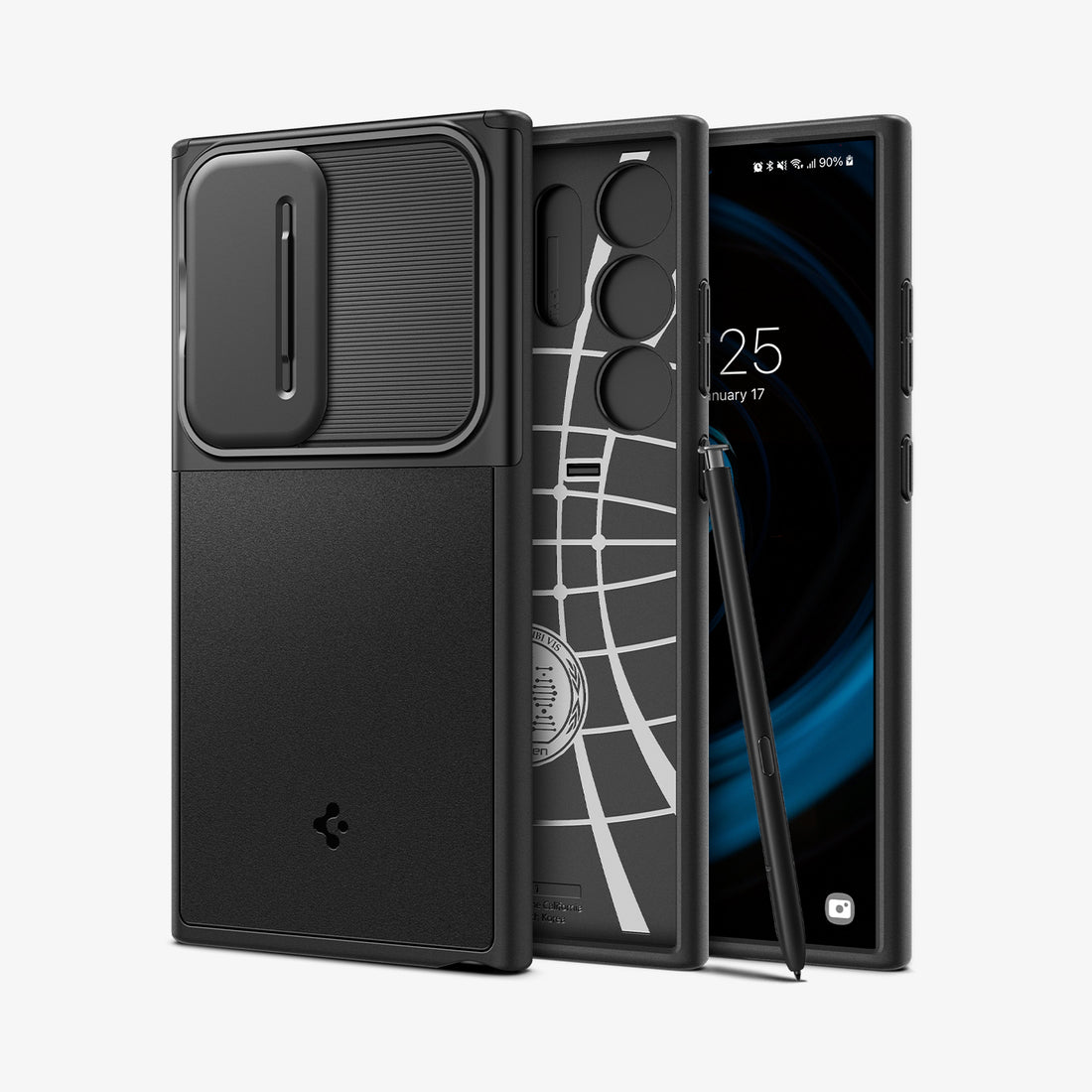 ACS08626 - Galaxy S24 FE Case Optik Armor in Black showing the back, with camera slider open