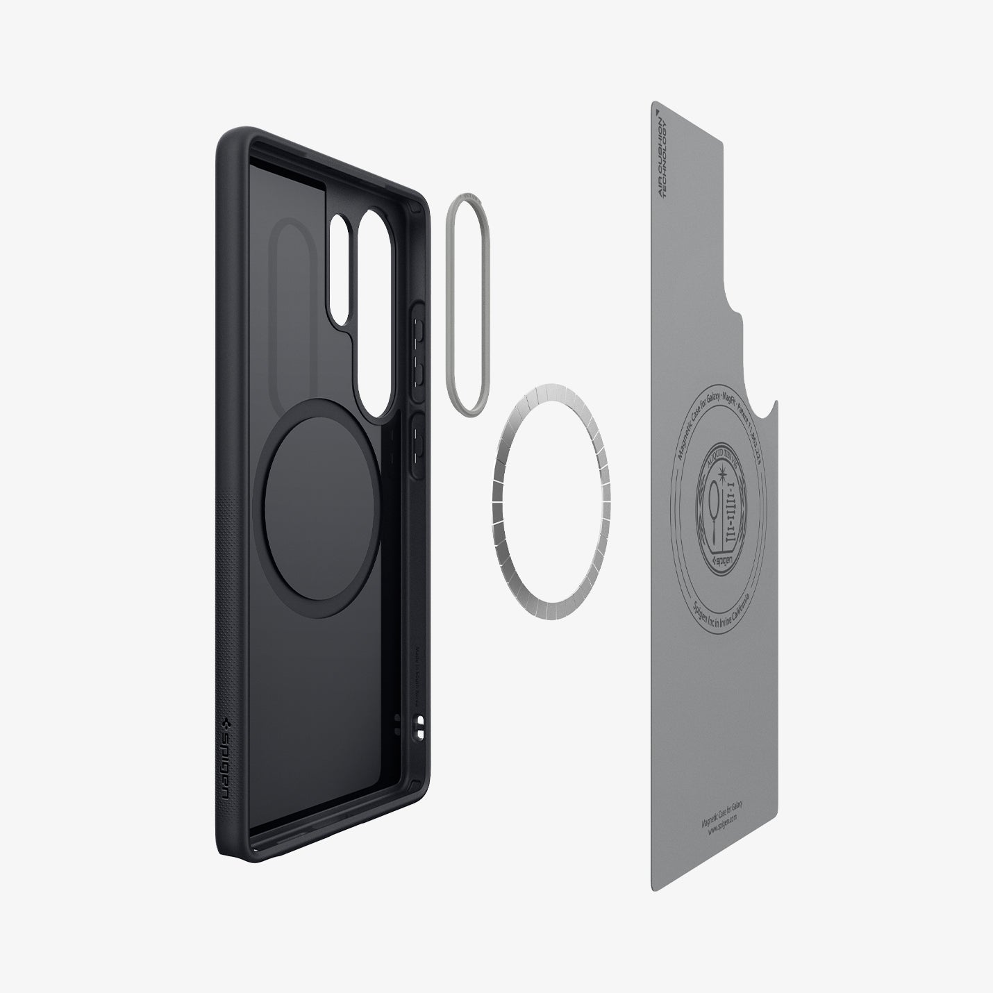 ACS09057 - Galaxy S25 Ultra Case Nano Pop (MagFit) in Black Sesame showing the inner soft layer hovering in front of the detached magring and the back cover of the case