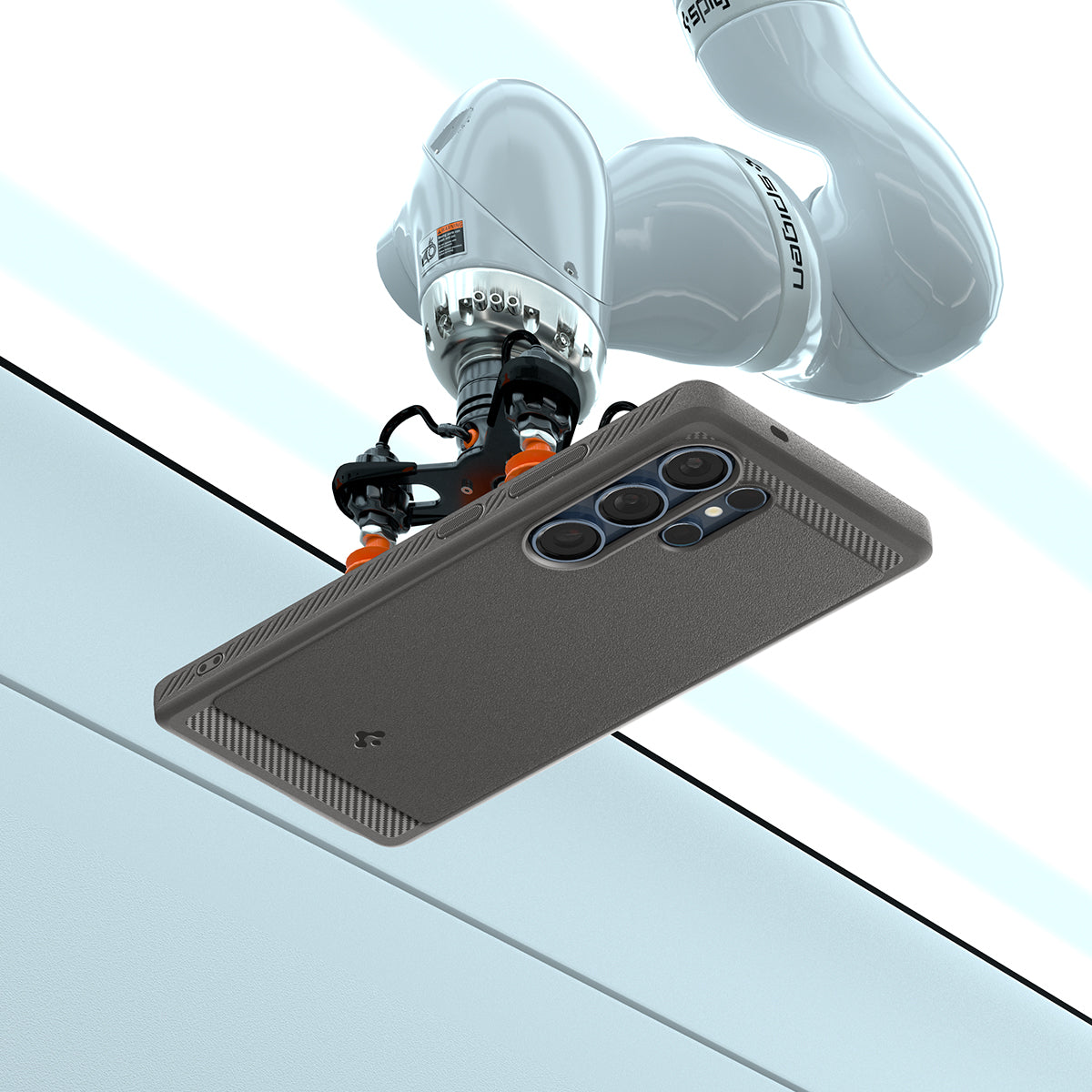 ACS08952 - Galaxy S25 Ultra Case Rugged Armor (MagFit) in Marble Gray showing the back, partial side and top with robot sitting on top of the device
