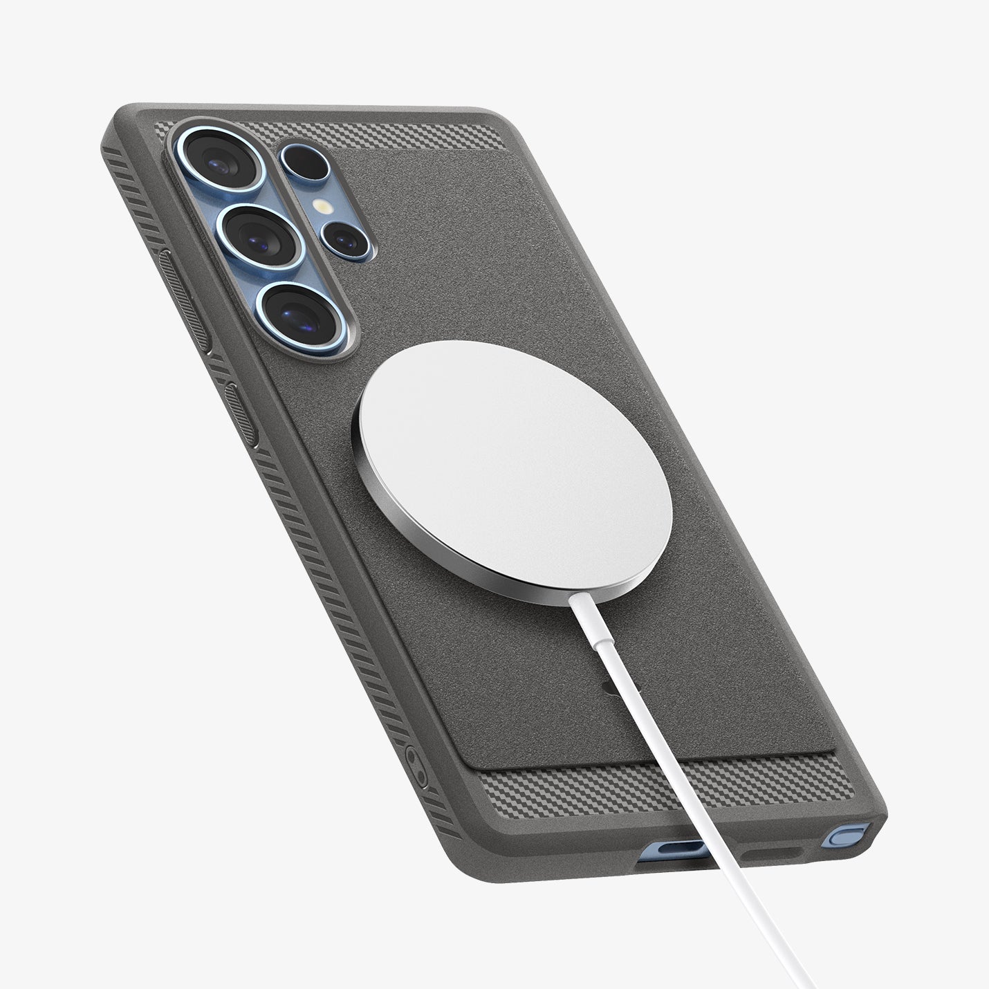 ACS08952 - Galaxy S25 Ultra Case Rugged Armor (MagFit) in Marble Gray showing the back, partial side and bottom with magsafe charger attached
