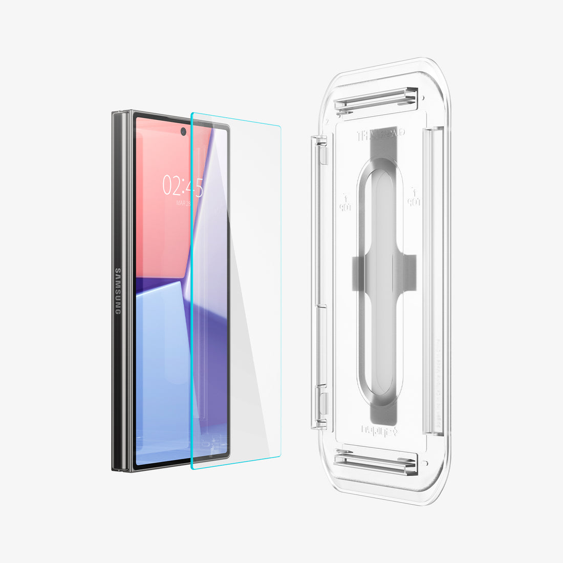 AGL07969 - Galaxy Z Fold 6 GLAS.tR EZ Fit in Clear showing the alignment tray, 2 screen protector hovering above the device and beside it is the packaging