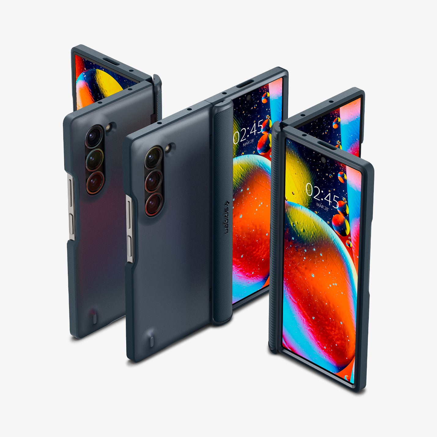 ACS08286 - Galaxy Z Fold 6 Case Slim Armor Pro in Metal Slate showing the front, partial front, back, partial back and hinge of 3 devices aligned with each other