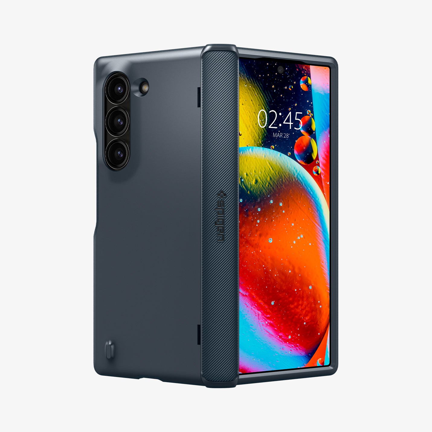 ACS08286 - Galaxy Z Fold 6 Case Slim Armor Pro in Metal Slate showing the back, hinge and front, partially folded