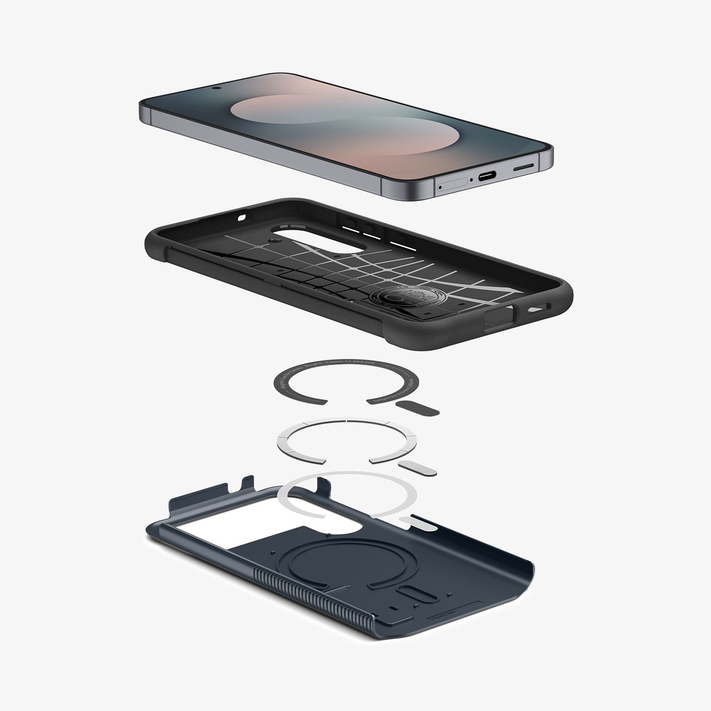 ACS10022 - Galaxy S25 FE Slim Armor (MagFit) in Metal Slate showing the inner case with impact foam hovering above the metal safe ring detached from the hard layer case