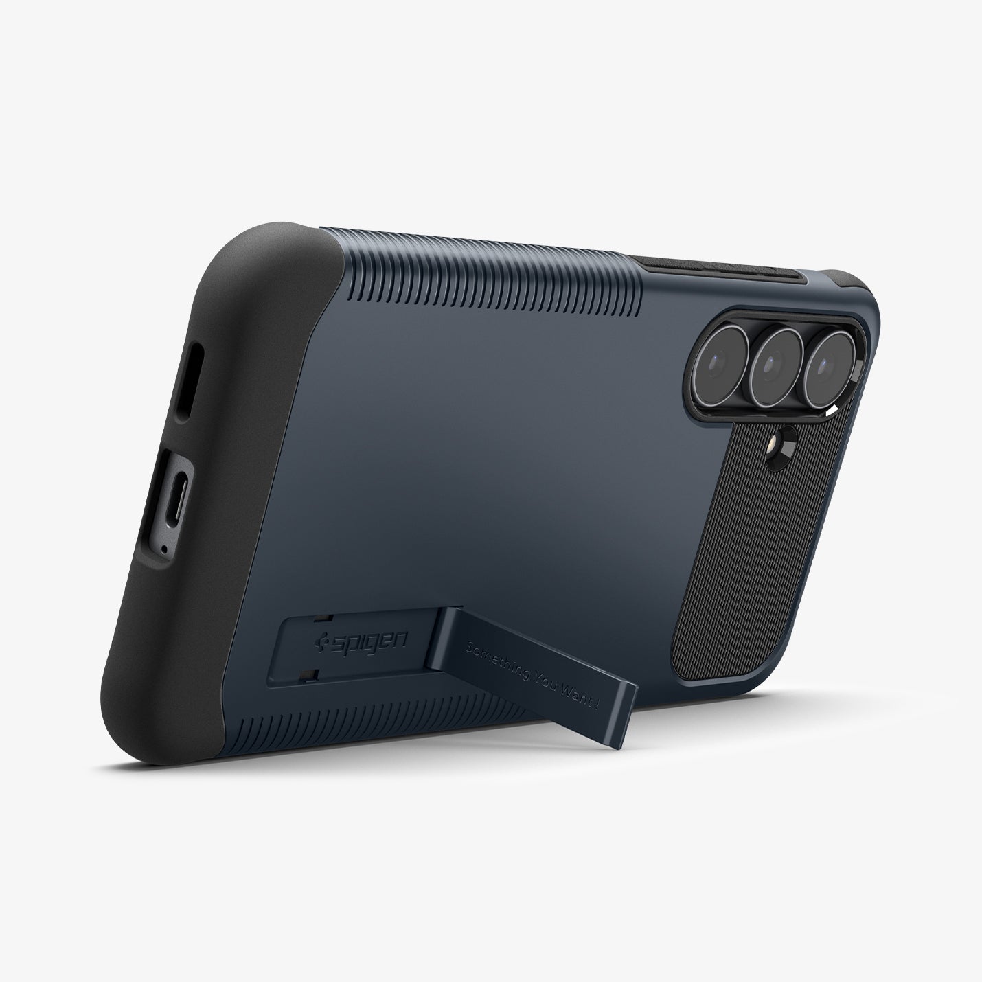 ACS10022 - Galaxy S25 FE Slim Armor (MagFit) in Metal Slate showing the back, bottom and partial side with a built-in kickstand propped up