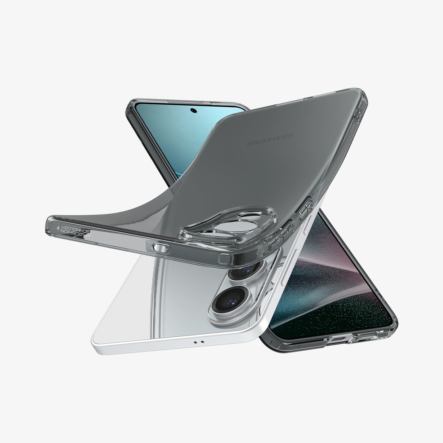 ACS09426 - Galaxy S25 Edge Case Liquid Crystal in Space Crystal showing the back, partial front top and sides top part partially lifted from the device and another device showing partial front