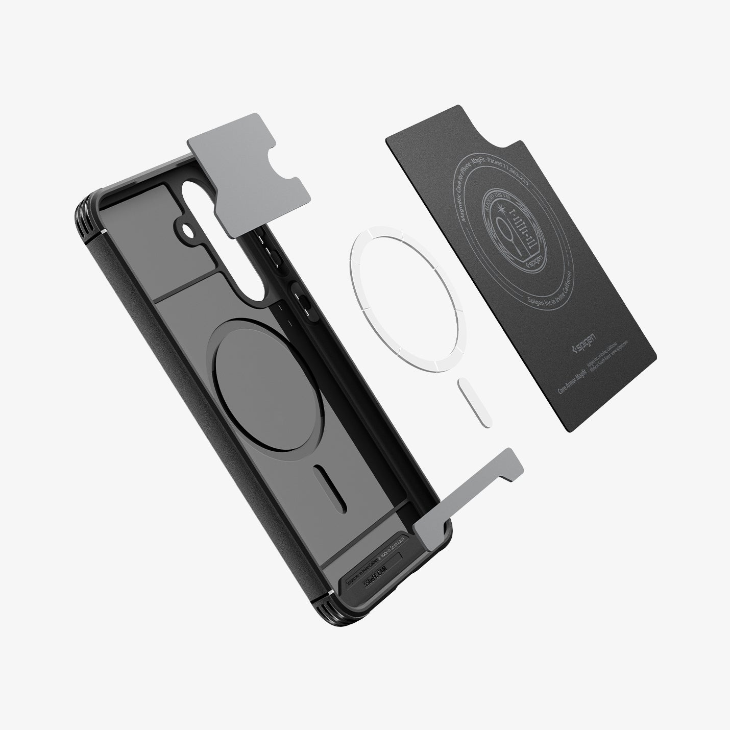 ACS10021 - Galaxy S25 FE Core Armor (MagFit) in Matte Black showing the inner case with impact foam hovering above the metal safe ring detached from the hard layer case