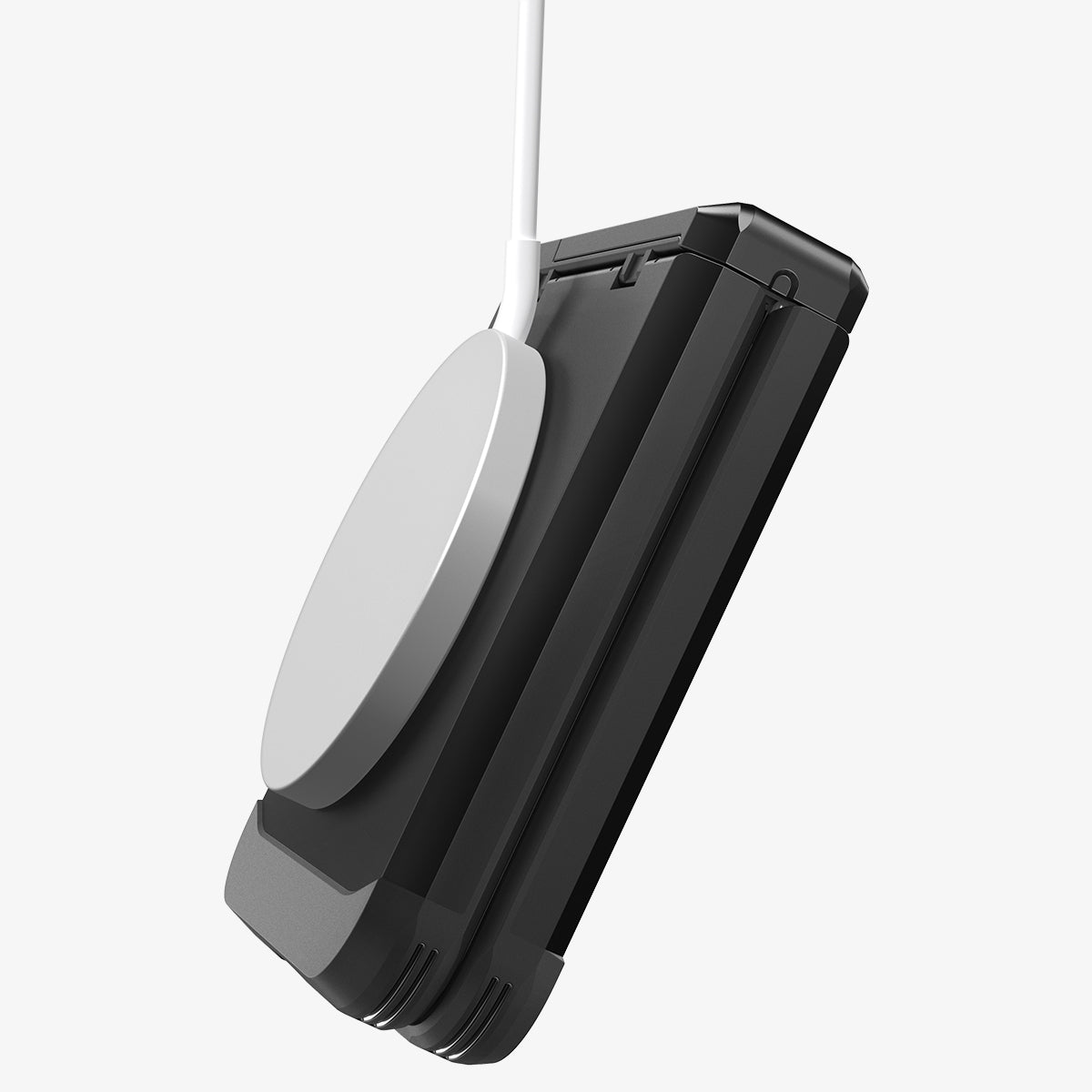 ACS09807 - Galaxy Z Flip 7 FE Series Tough Armor Pro (MagFit) in black showing the side and back with magsafe charger attached to case