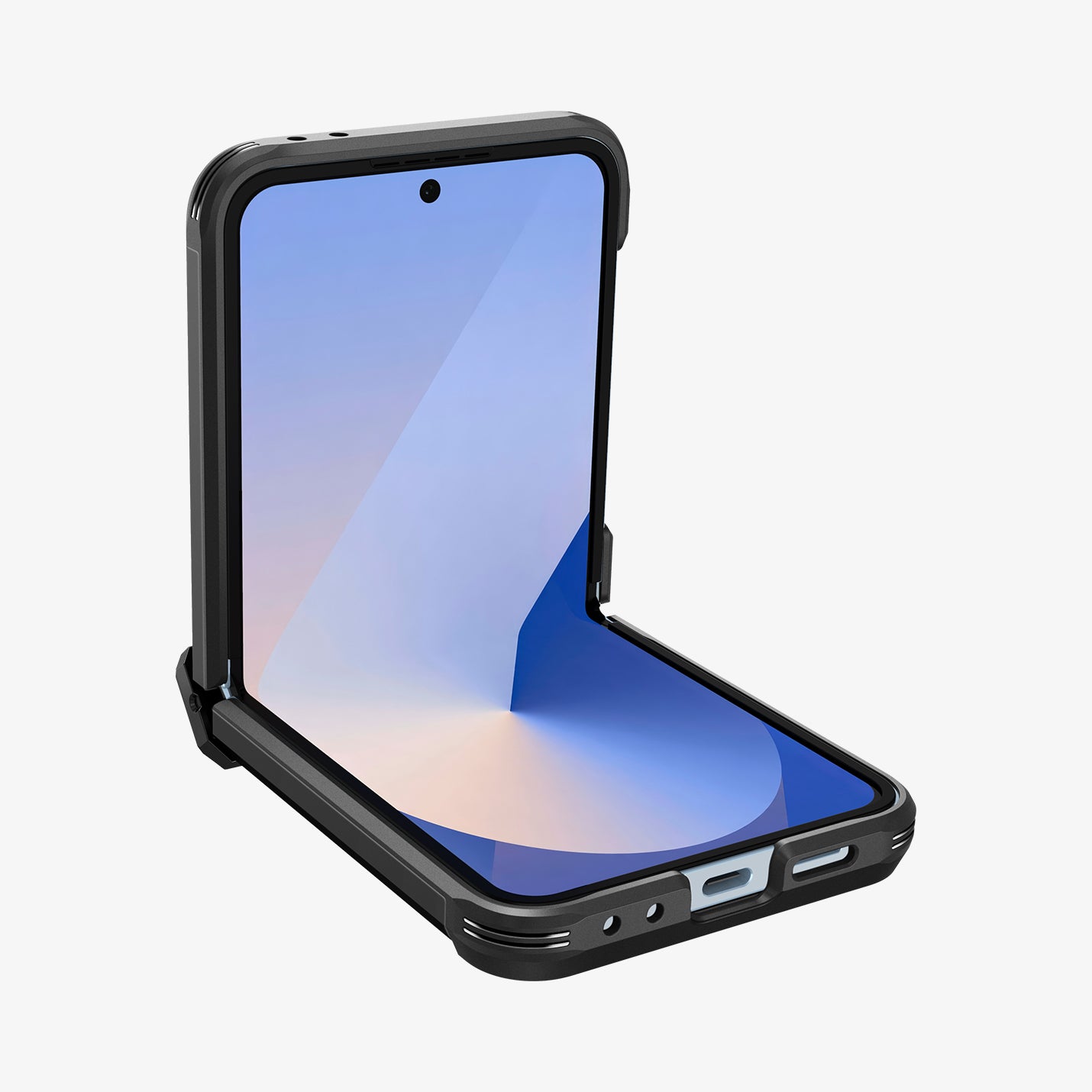 ACS09807 - Galaxy Z Flip 7 FE Series Tough Armor Pro (MagFit) in black showing the front, side and bottom with device half open