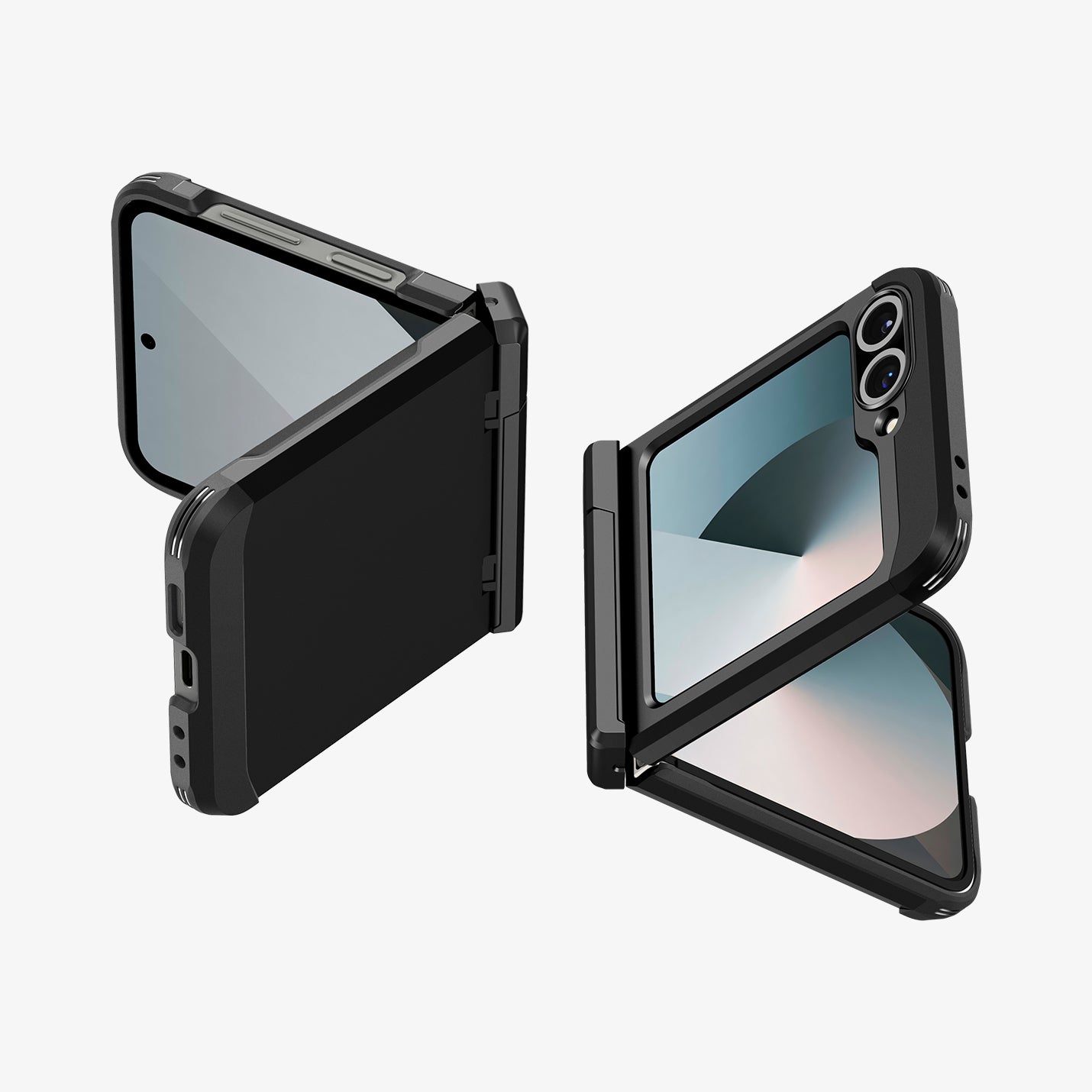 ACS09807 - Galaxy Z Flip 7 FE Series Tough Armor Pro (MagFit) in black showing the back, partial front of two devices partially folded