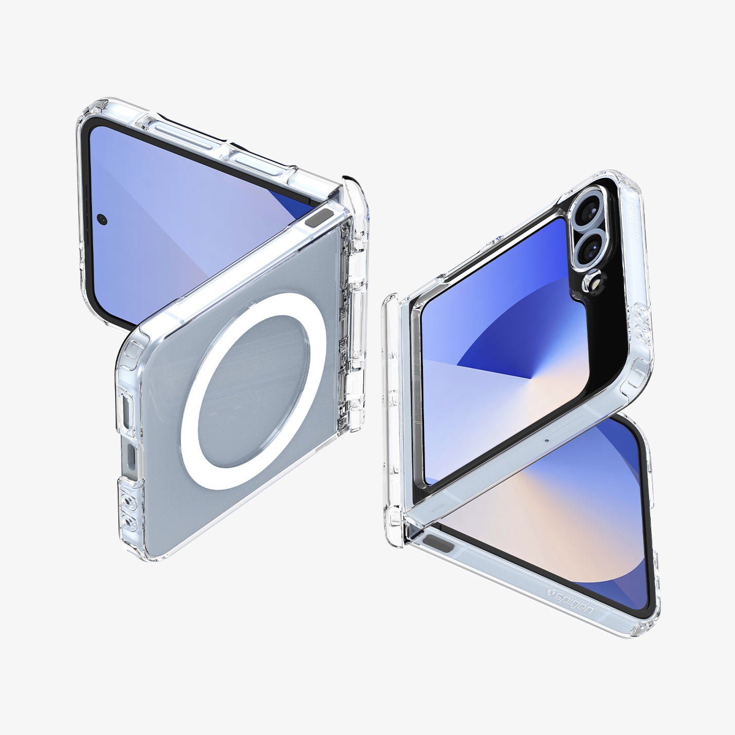 ACS09806 - Galaxy Z Flip 7 FE Series Ultra Hybrid Pro (MagFit) showing the back, partial front of two devices partially folded