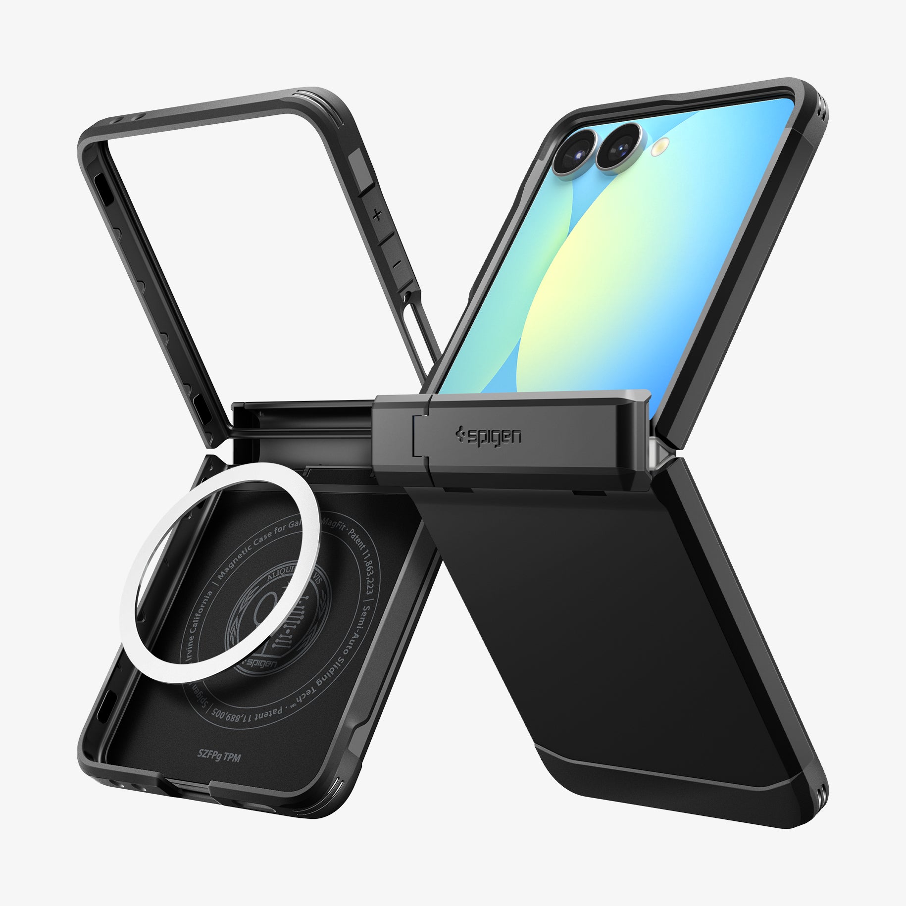 ACS09561 - Galaxy Z Flip 7 Case Tough Armor Pro (MagFit) in black showing the back, side and inside of two devices