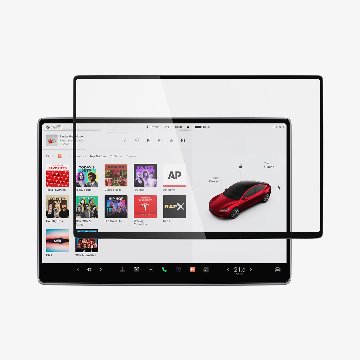 AGL07152 - Model 3 (2024-2025) Highland Screen Protector GLAS.tR EZ Fit | Anti-Glare Highland in Clear Matte showing the screen protector hovering in front of the device