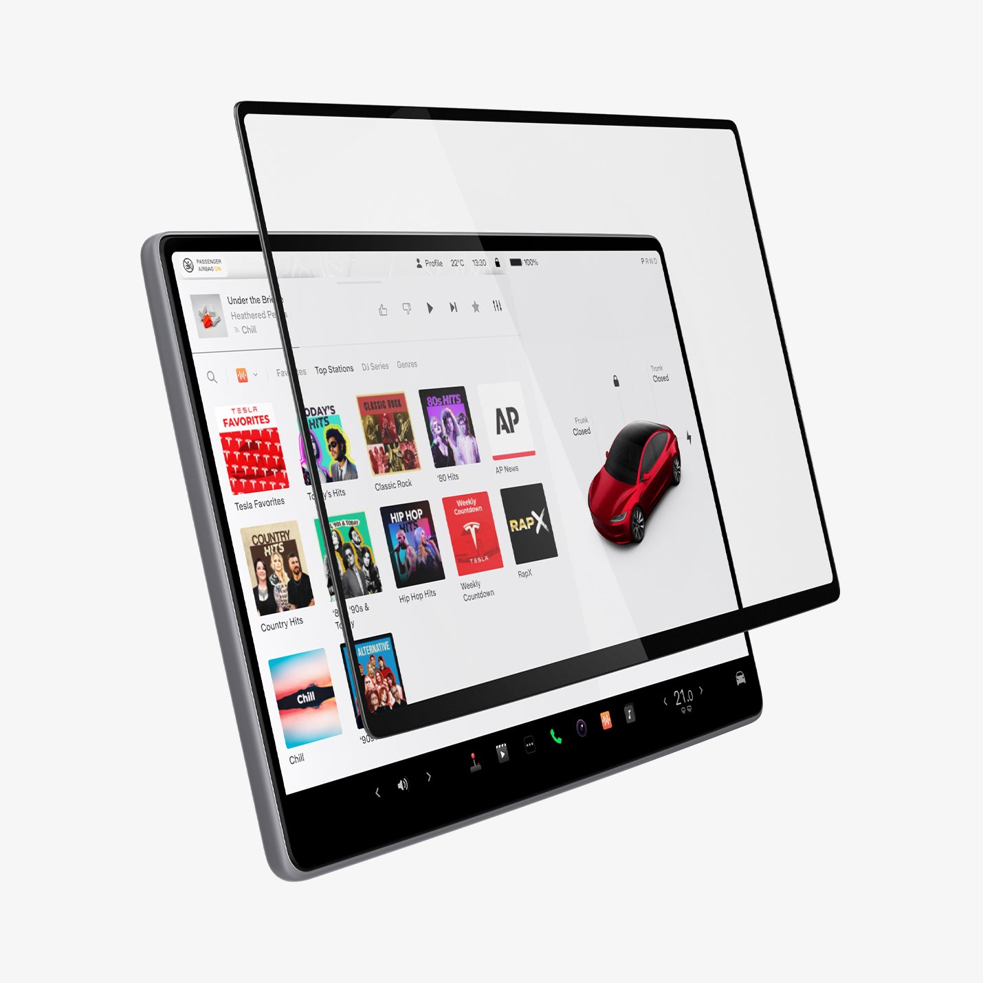 AGL07152 - Model 3 (2024-2025) Highland Screen Protector GLAS.tR EZ Fit | Anti-Glare Highland in Clear Matte showing the front of the screen protector hovering in front of the device