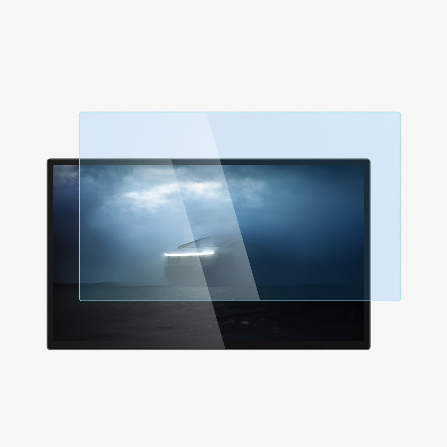 AGL07679 - Tesla Cybertruck (2024) Protector GLAS.tR EZ Fit Anti-Glare in Clear Matte showing the front of the screen protector hovering above the device