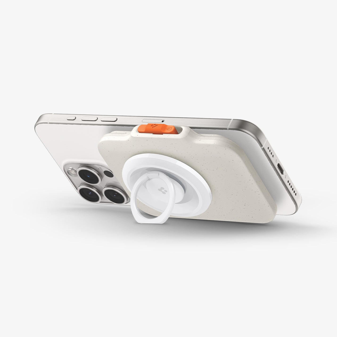 AFA07616 - MagSafe Card Holder Tintap (MagFit) in Dune Beige showing the back, partial side with propped up kickstand from the magring attached from the back of the card holder