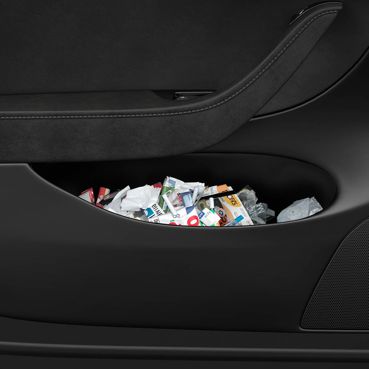 ACP09183 – Tesla Model Y Car Trash Bin in black showing trashes inside of car