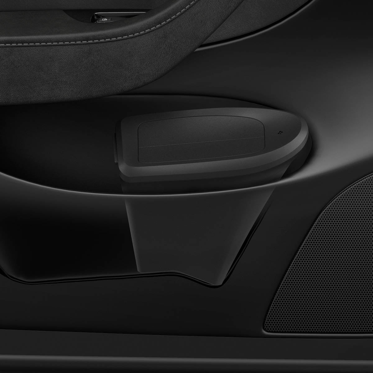 ACP09183 – Tesla Model Y Car Trash Bin in black showing installed inside of car