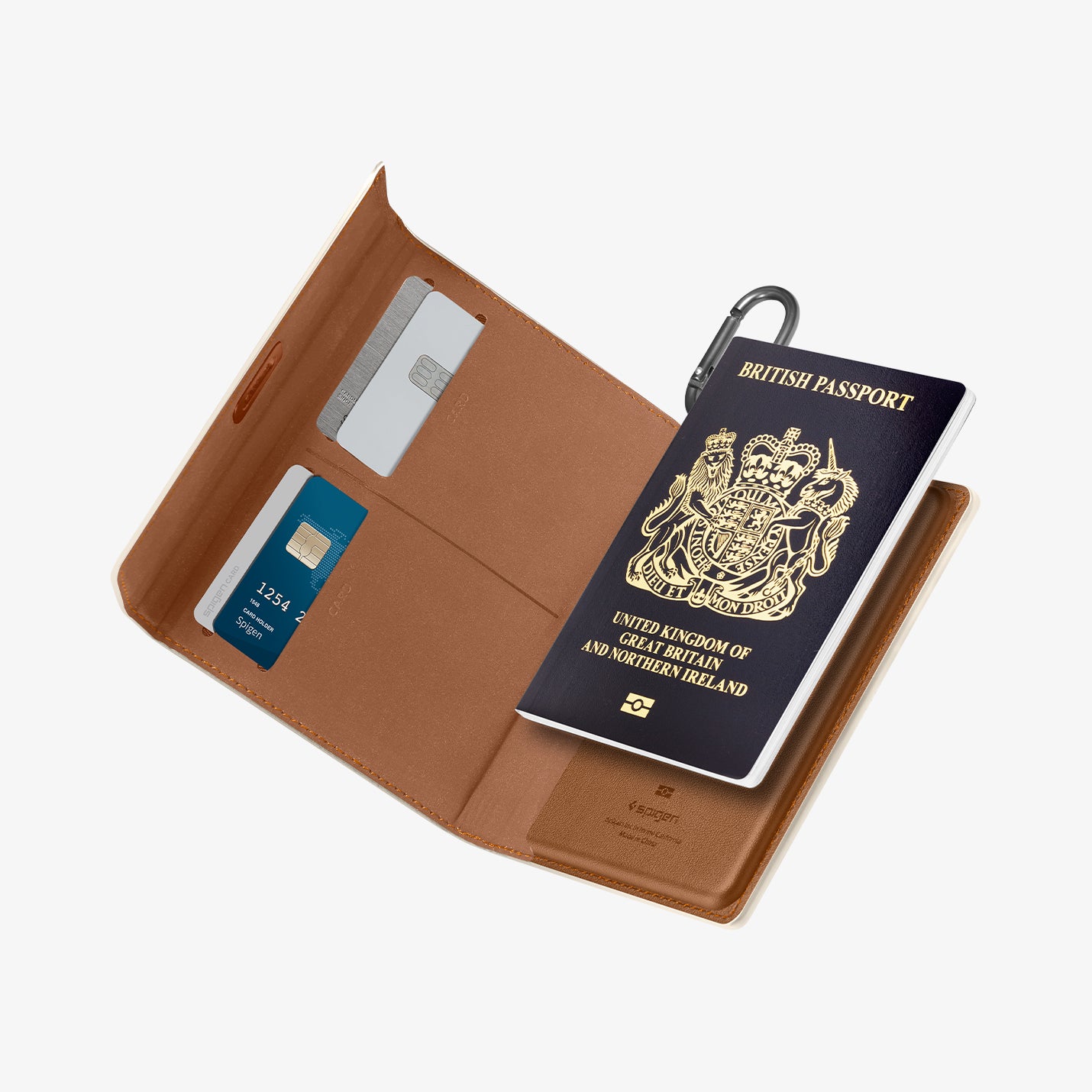 AFA08348 - Passport Holder in dune beige showing the inner with cards inserted on the side pockets and a passport attached
