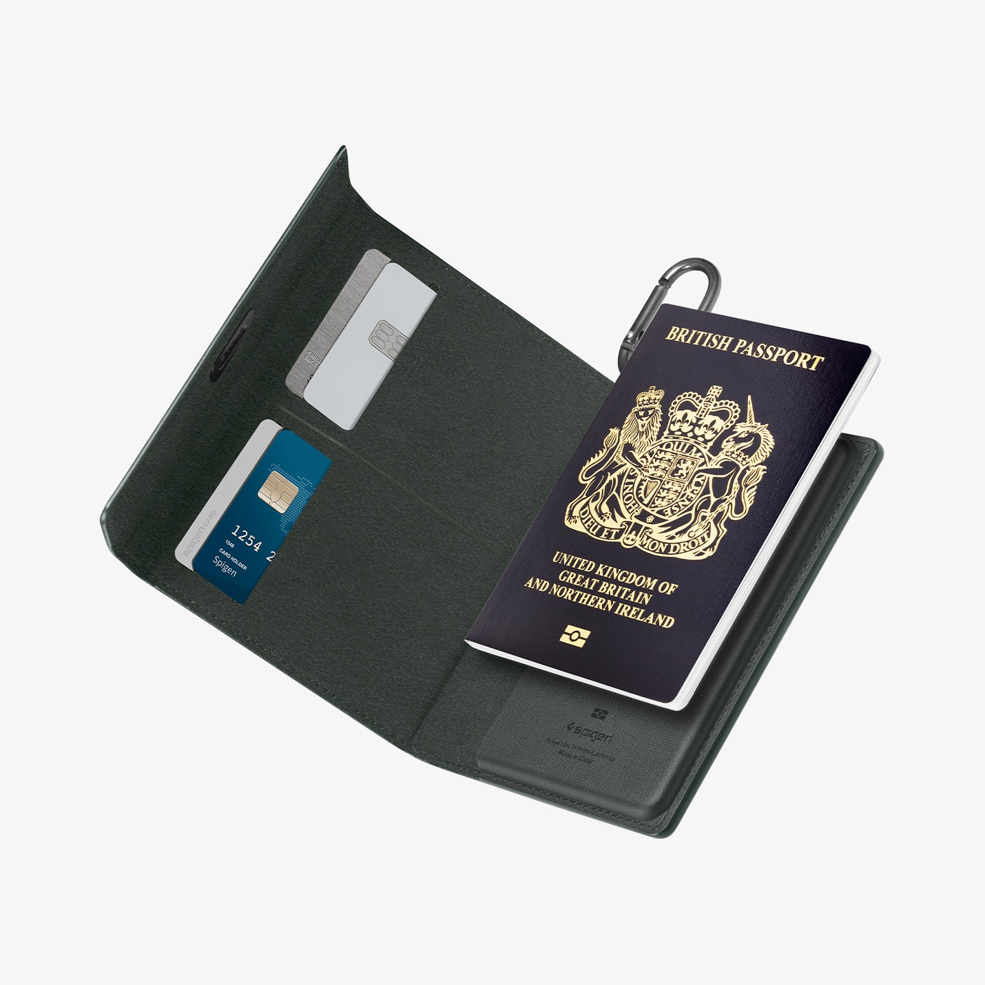 AFA08347 - Passport Holder in military green showing the inner with cards inserted on the side pockets and a passport attached
