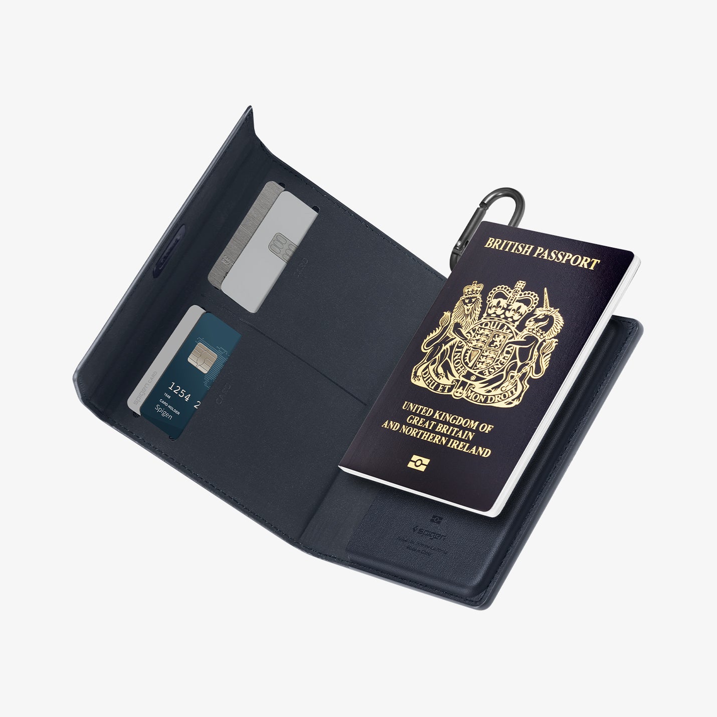 AFA08721 - Passport Holder in Navy Blue showing the inner with cards inserted on the side pockets and a passport attached