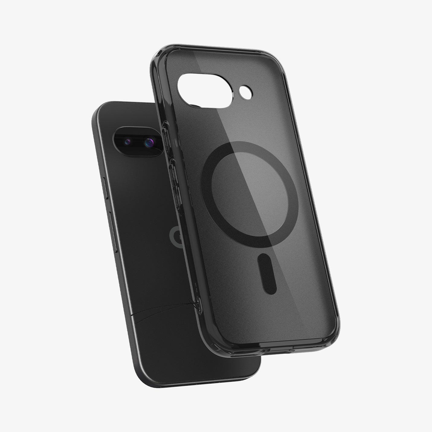 ACS09045 - Pixel 9a Case Ultra Hybrid Metal Ring (MagFit) in Frost Black showing the back, partial side and bottom hovering in front of the device