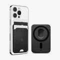 AFA07402 - MagSafe Card Holder Urban Fit (MagFit) in Black showing the device with a card holder attached and 3 cards inserted beside it, a card holder showing its back