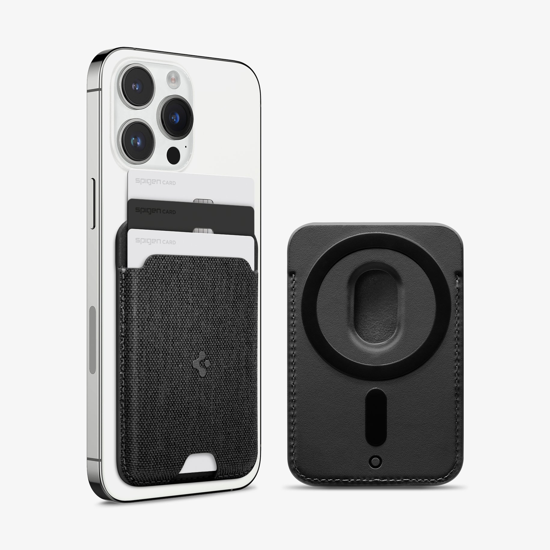 AFA07402 - MagSafe Card Holder Urban Fit (MagFit) in Black showing the device with a card holder attached and 3 cards inserted beside it, a card holder showing its back
