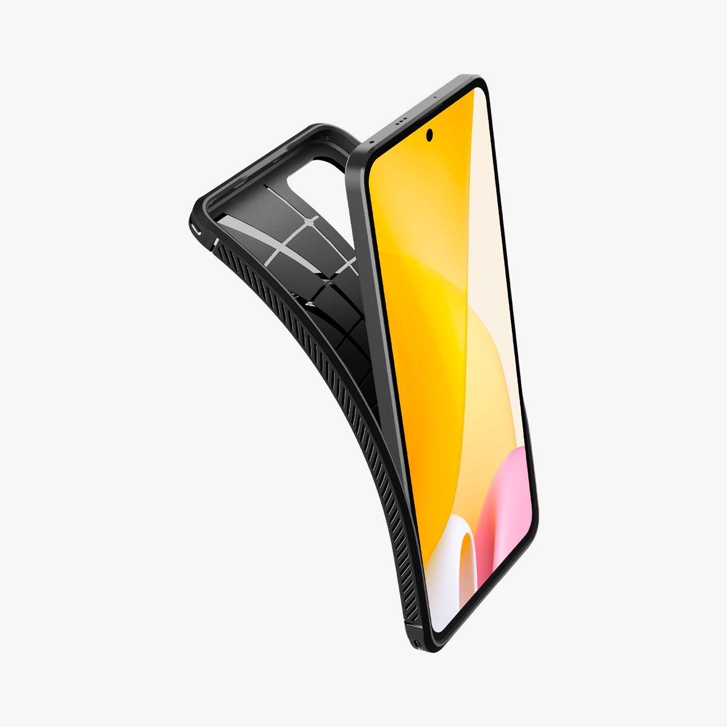 ACS04556 - Xiaomi 12 Lite Rugged Armor Case in Matte Black showing the front of device, partial side with the case partially peeled from behind showing partial inner case