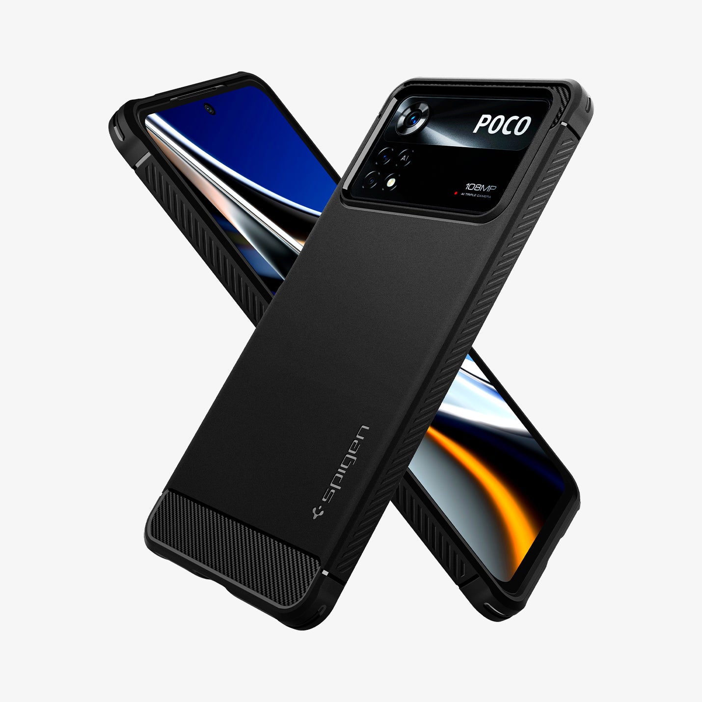 ACS04541 - Xiaomi POCO X4 Pro 5G Rugged Armor Case in Matte Black showing the back, partial side, next to it showing partial front and partial side