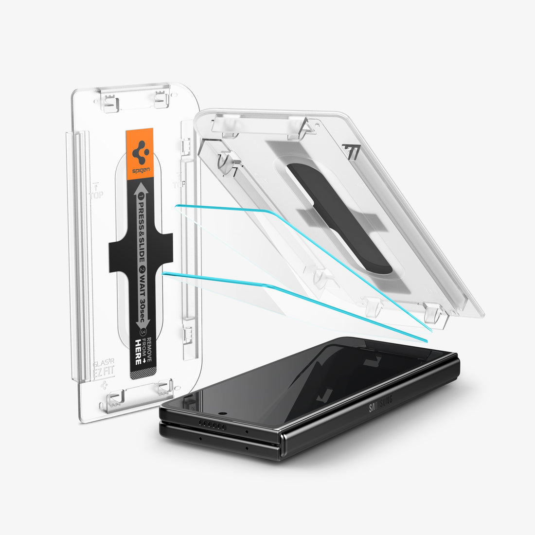 AGL06523 - Galaxy Z Fold 5 Series Screen Protector EZ FIT GLAS.tR showing the device, two screen protectors, ez fit tray and packaging