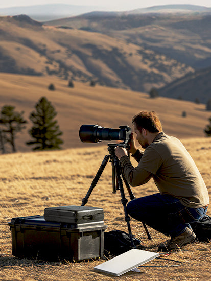 Man kneeling and taking photo on tripod outside with starlink case next to him.