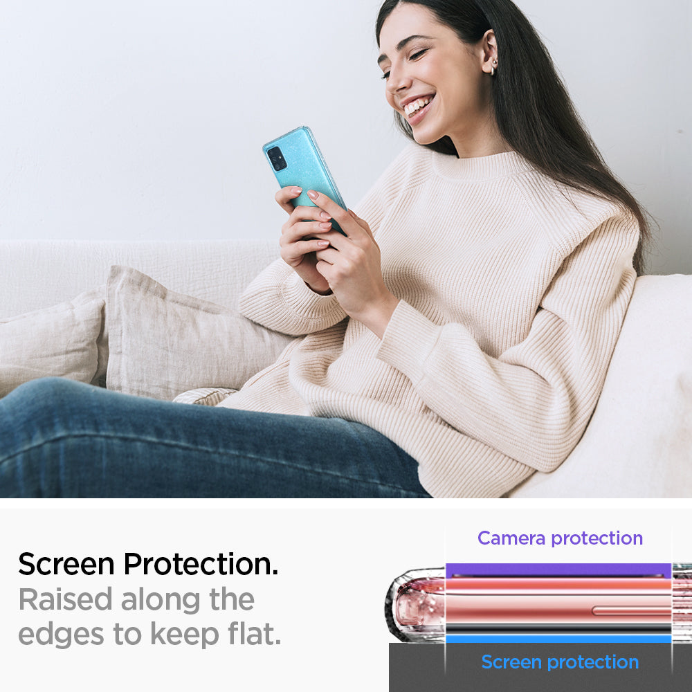 ACS00932 - Galaxy A51 Case Liquid Crystal Glitter in Crystal Quartz screen protection. Raised along the edges to keep flat.