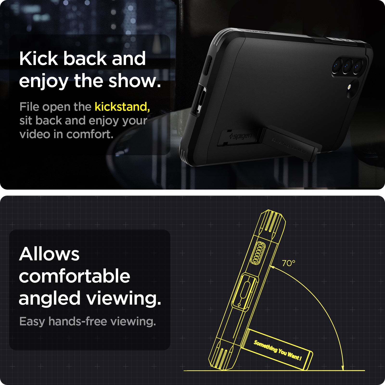 ACS03059 - Galaxy S21 FE Tough Armor Case in black kick back and enjoy the show. File open the kickstand, sit back and enjoy your video in comfort. allows comfortable angled viewing. Easy hands free viewing.