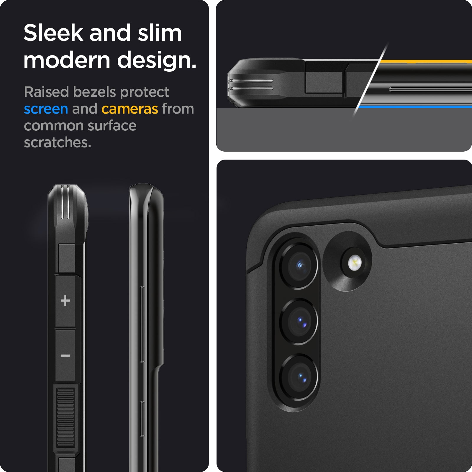 ACS03059 - Galaxy S21 FE Tough Armor Case in black sleek and slim modern design. Raised bezels protect screen and cameras from common surface scratches.