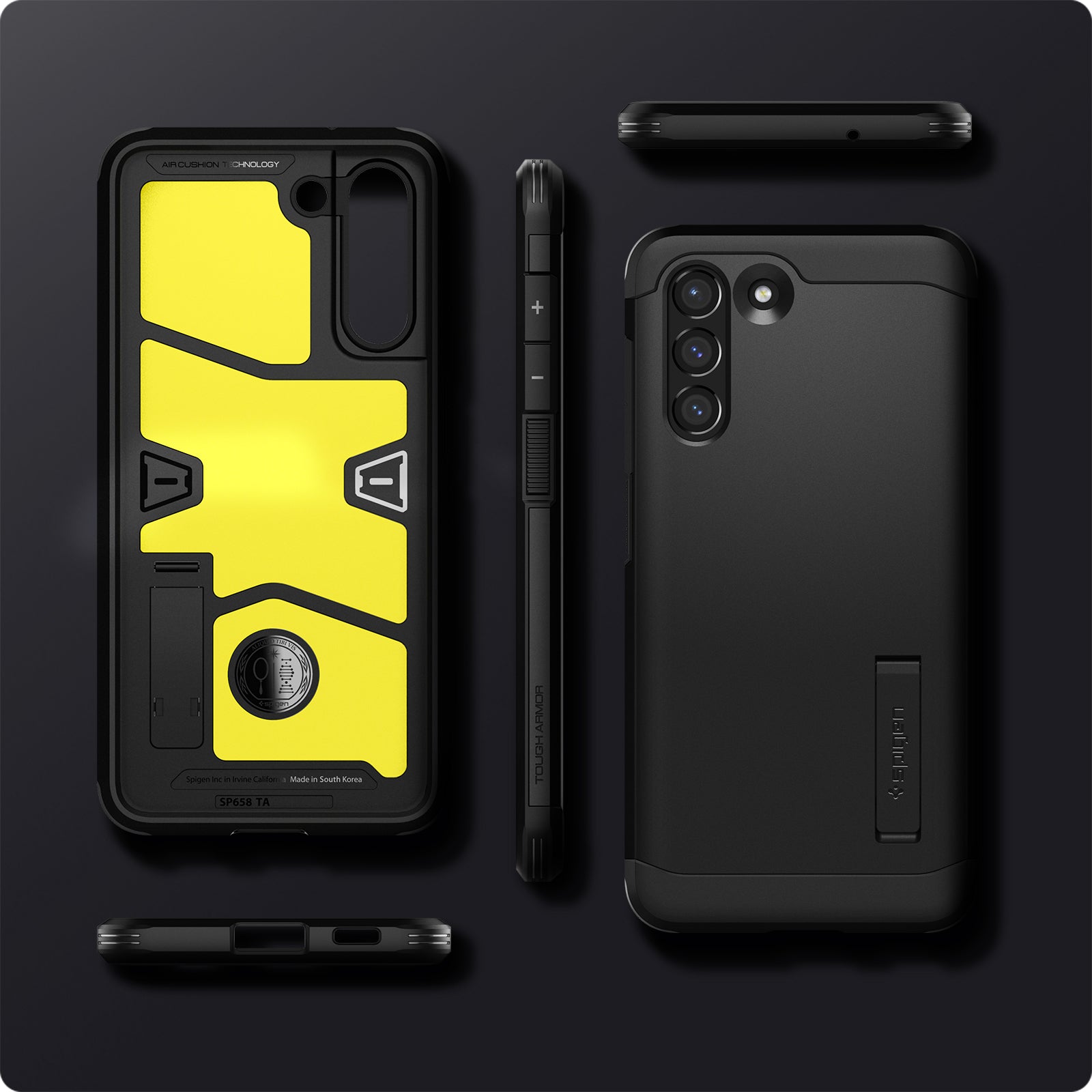 ACS03059 - Galaxy S21 FE Tough Armor Case in black showing back and front of phone case.