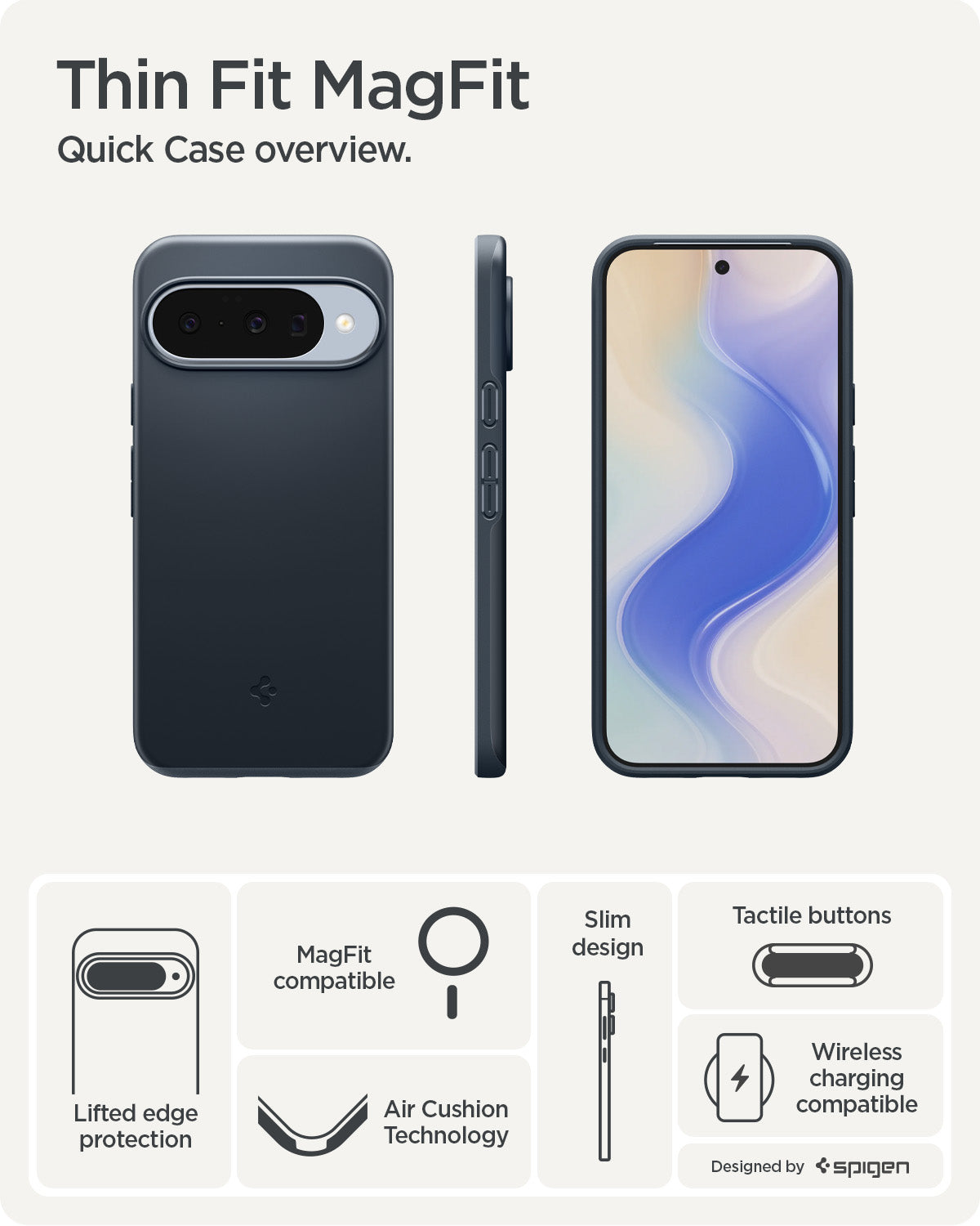 ACS09700 - Pixel 10, Pixel 10 Pro Thin Fit (MagFit) in Metal Slate showing the quick case overview. Lifted edge protection, MagFit compatible, Aircushion technology, slim design, tactile buttons and wireless charging compatible