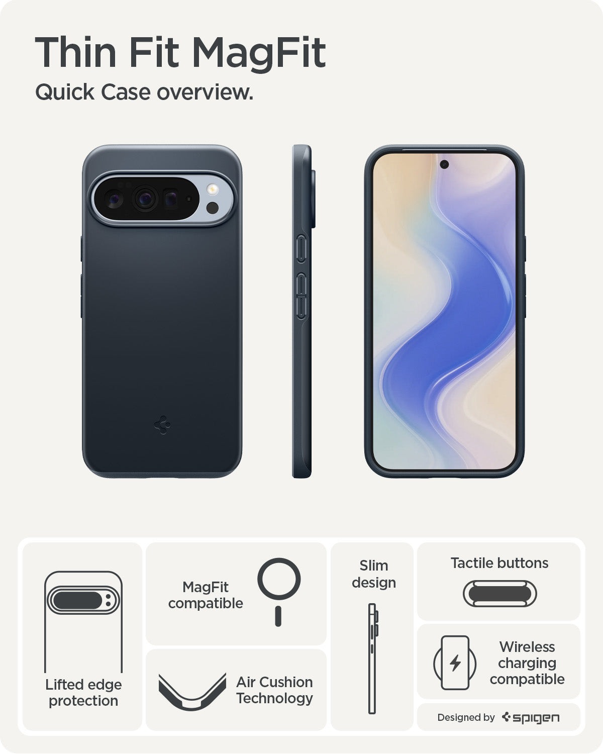 ACS09723 - Pixel 10 Pro XL Thin Fit (MagFit) in Metal Slate showing the quick case overview. Lifted edge protection, MagFit compatible, Aircushion technology, slim design, tactile buttons and wireless charging compatible