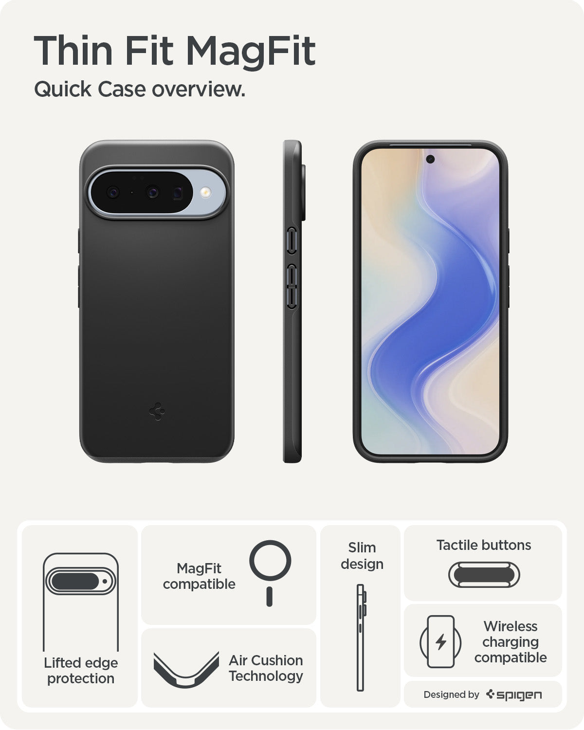 ACS09699 - Pixel 10, Pixel 10 Pro Thin Fit (MagFit) in Metal Slate showing the quick case overview. Lifted edge protection, MagFit compatible, Aircushion technology, slim design, tactile buttons and wireless charging compatible