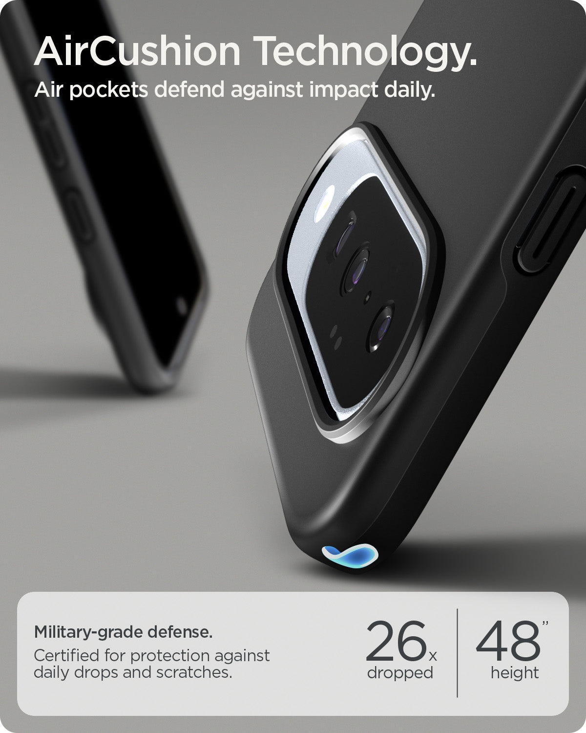 ACS09699 - Pixel 10, Pixel 10 Pro Thin Fit (MagFit) in black showing aircushion technology. air pockets defend against impact daily.