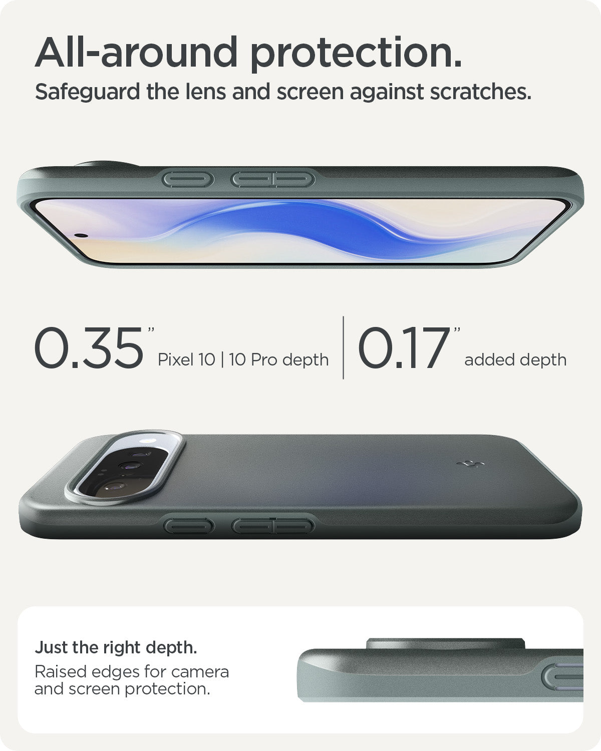 ACS09701 - Pixel 10, Pixel 10 Pro Thin Fit (MagFit) in Sage Green showing all around protection. safeguard the lens and screen against scratches.