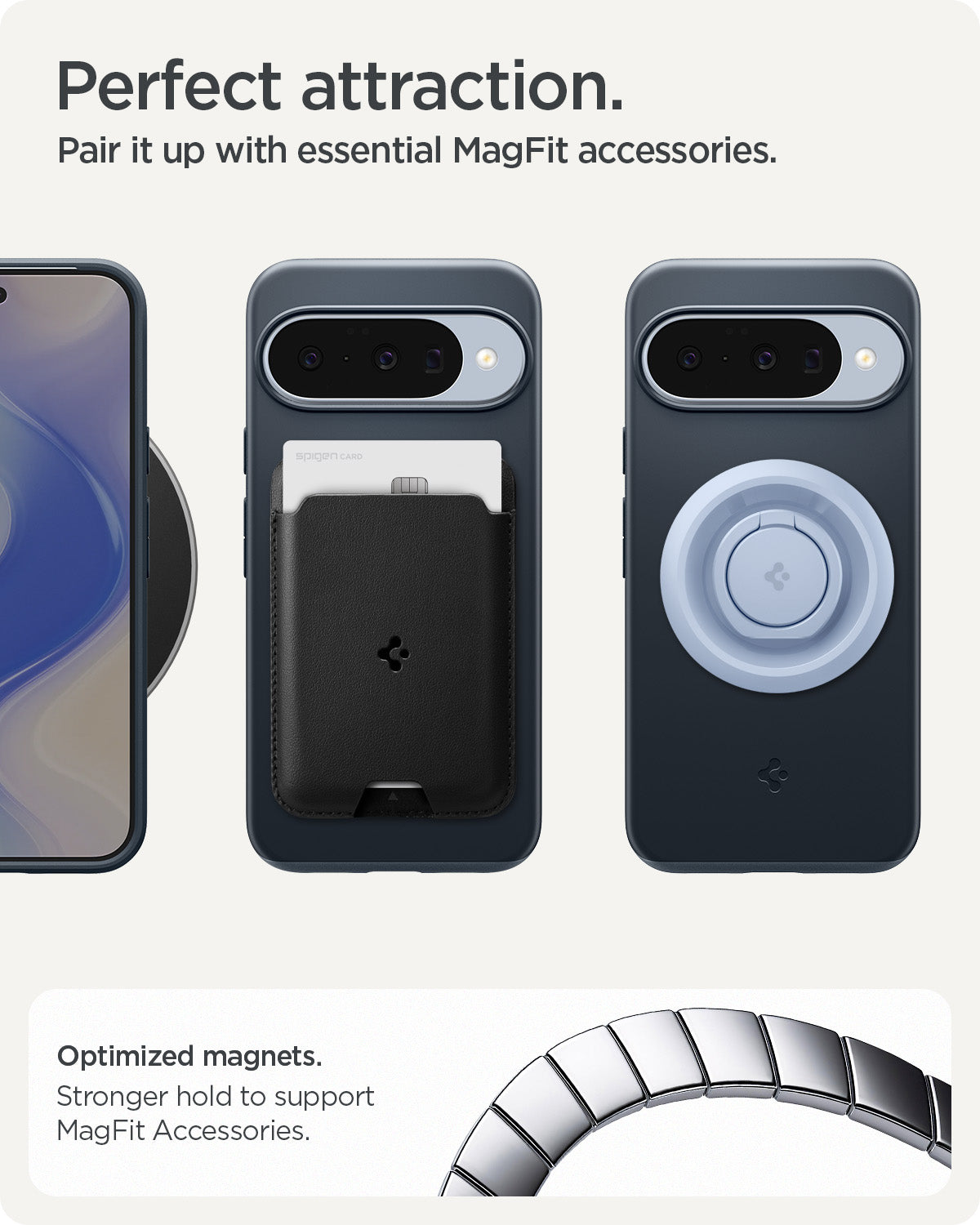 ACS09700 - Pixel 10, Pixel 10 Pro Thin Fit (MagFit) in Metal Slate showing perfect attaction. pair it up with essential magfit accessories.