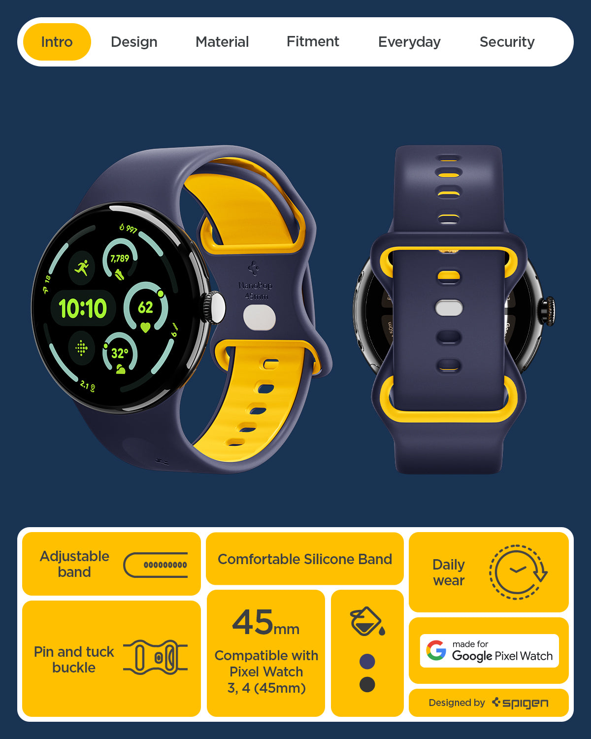 AMP09490 - PWF Series Band Nano Pop in blueberry navy showing the details. Adjustable band, pin and tuck buckle, comfortable silicone band, compatible with 45mm Pixel Watches