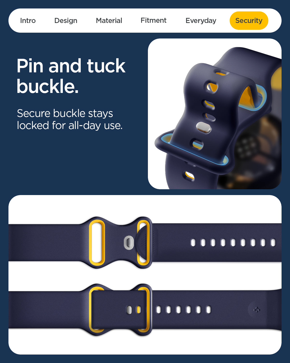 AMP09490 - PWF Series Band Nano Pop in blueberry navy showing the pin and tuck buckle. Secure buckle stays locked for all day use