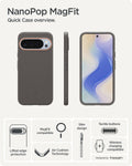 ACS09735 - Pixel 10 Pro XL Case Nano Pop (MagFit) in papaya gray showing the quick case overview. Lifted edge protection, MagFit compatible, AirCushion technology, slim design, tactile buttons and wireless charging compatible.
