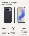 ACS09736 - Pixel 10 Pro XL Case Nano Pop (MagFit) in black sesame showing the quick case overview. Lifted edge protection, MagFit compatible, AirCushion technology, slim design, tactile buttons and wireless charging compatible.