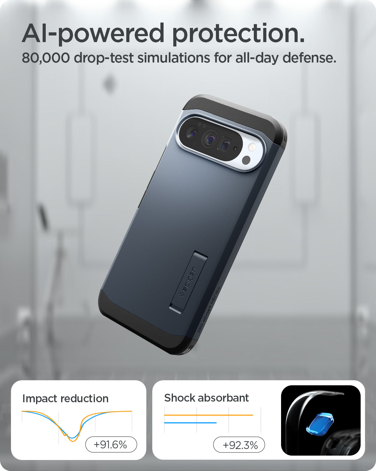 ACS09729 - Pixel 10 Pro XL Tough Armor AI (MagFit) in Metal Slate showing ai powered protection. 80,000 drop test simulations for all day defense.